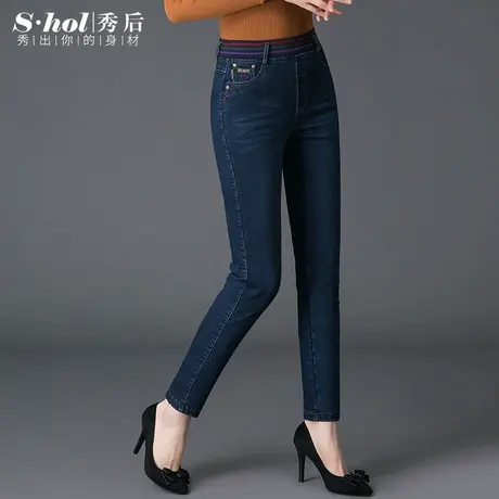 中年妈妈加绒牛仔裤女2021冬季新款加厚松紧高腰大码小直筒裤女裤商品大图
