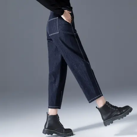 深蓝色牛仔裤女2023年新款加绒哈伦裤女冬季老爹裤九分显瘦灯笼裤商品大图