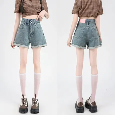 高腰牛仔短裤女春秋季2023年新款大码小个子a字宽松阔腿辣妹热裤商品大图