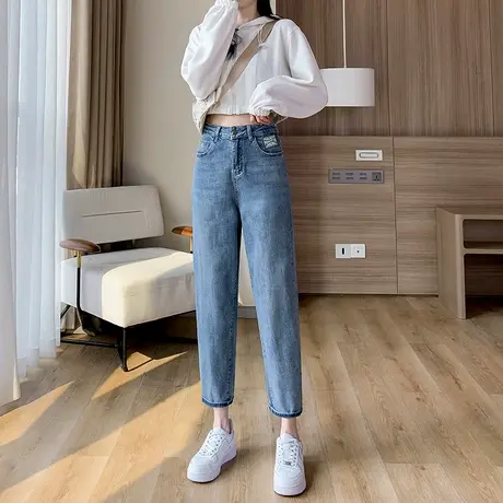 牛仔裤女春秋2023年新款宽松小个子九分直筒高腰哈伦萝卜老爹裤子图片