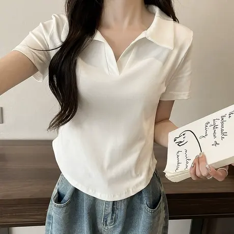 v领露锁骨正肩POLO领短袖t恤女夏季新款不规则修身短款高级感上衣图片