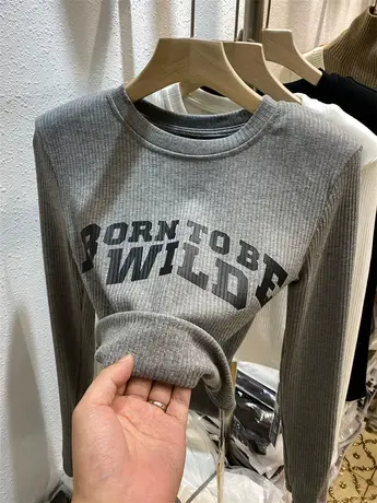 字母印花垫肩长袖t恤女2021秋冬新款高腰短款内搭加绒打底衫上衣商品大图