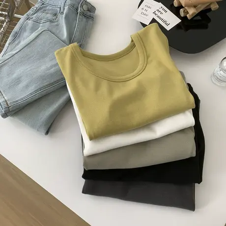 螺纹棉U领锁骨T恤高克重短款基础百搭显瘦短袖打底衫2023春夏新款图片