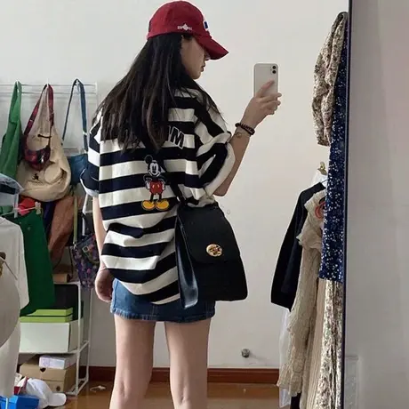 纯棉米奇polo衫短袖女夏小众设计感条纹复古宽松chic港味t恤上衣商品大图