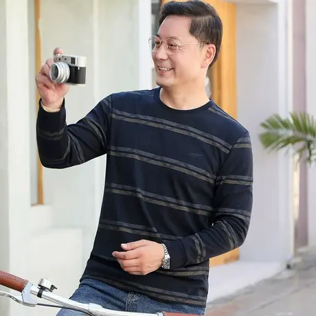 中年男士长袖t恤春秋季条纹加厚款爸爸装圆领打底上衣老人体恤衫图片