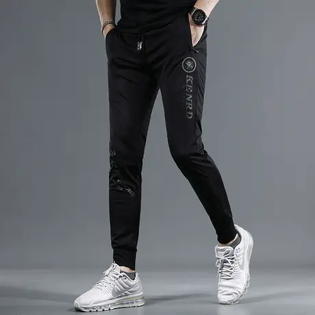 夏季冰丝休闲裤男2023新款黑色刺绣烫钻修身束脚男士潮牌弹力裤子商品大图