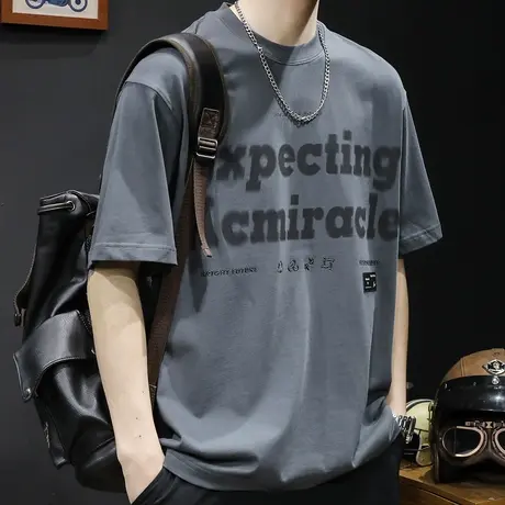 重磅短袖t恤男夏季潮牌2023新款宽松加肥加大码男士印花体恤圆领商品大图