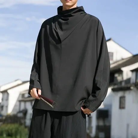 新中式暗黑系山本风耀司高堆领t恤男冰丝长袖设计感中国风男装秋图片