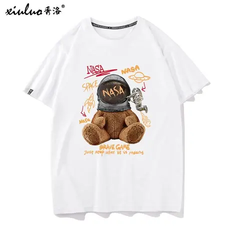 秀洛nasa短袖联名T恤男女太空宇航员小熊衣服纯棉宽松打底衫体恤图片