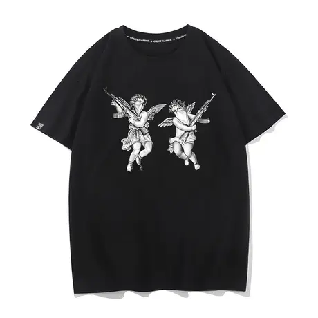 秀洛美式邪恶AK47天使欧式复古落肩宽松潮流纯棉T恤短袖打底体恤图片