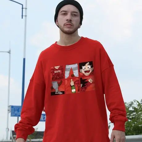 oversize日系原宿风潮牌胖子男装加肥加大码宽松加绒红色卫衣男潮商品大图