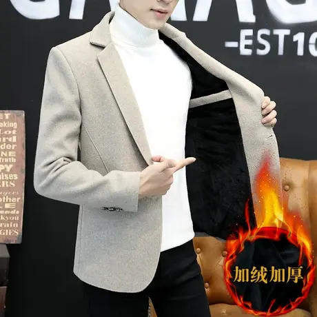 加绒加厚休闲西服男士韩版潮流毛呢小西装秋冬款单西保暖外套帅气商品大图