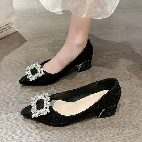 尖头单鞋女2023年新款春季百搭水钻方扣浅口低跟仙女风晚晚温柔鞋图片