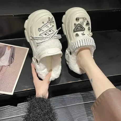 厚底增高洞洞鞋女冬季加绒2023秋季新款防滑毛毛拖鞋保暖包头棉拖商品大图