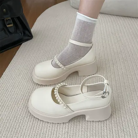 玛丽珍鞋女夏季2023年新款粗跟珍珠浅口高跟鞋法式学院风小众单鞋商品大图