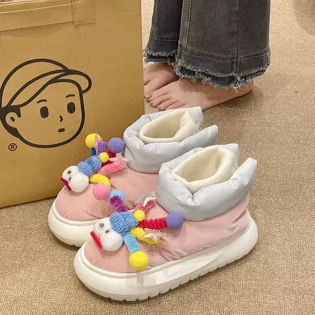 可爱玩偶棉拖鞋女冬季室内外穿羽绒防水加绒保暖厚底高帮包跟棉鞋商品大图