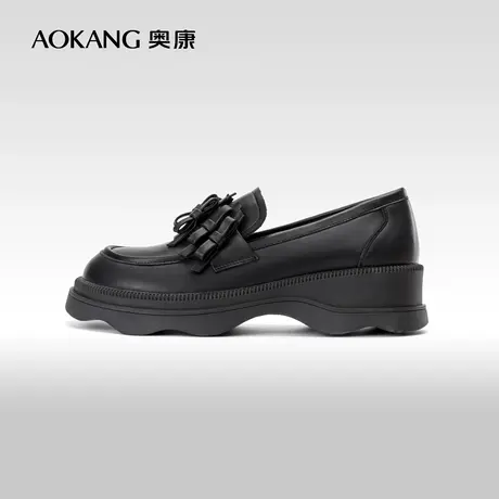 奥康女鞋 春秋季甜美休闲时尚乐福鞋蝴蝶结少女小皮鞋黑色图片