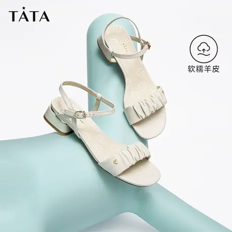 Tata他她一字带百搭凉鞋女2023夏季新款软羊皮凉鞋女粗跟XMH01BL3商品大图