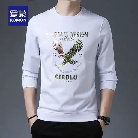 罗蒙高端长袖T恤男士春秋潮牌时尚修身打底上衣印花圆领百搭卫衣图片