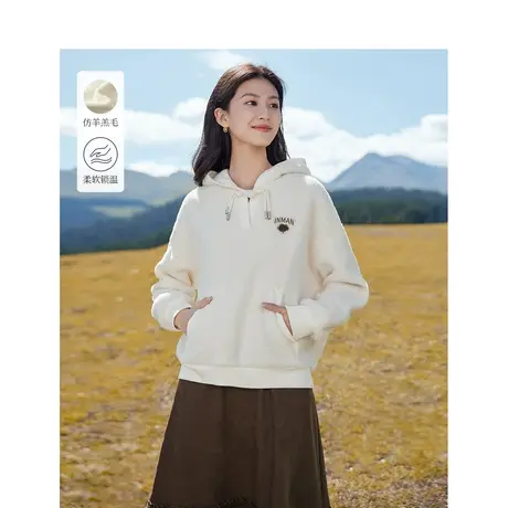 茵曼仿羊羔毛卫衣2023冬季女装新款牛角扣连帽长袖绣花保暖上衣图片