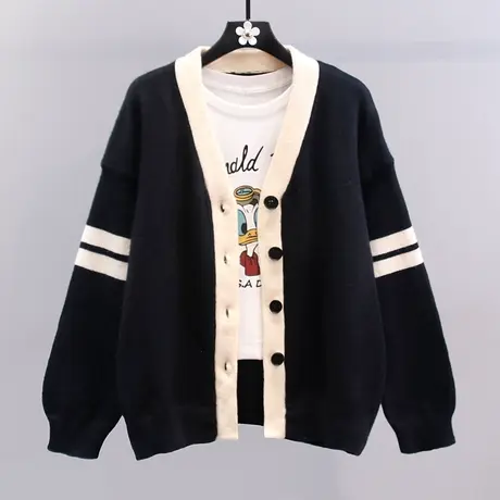 日系学院风撞色毛衣外套女秋冬2023新款宽松中长款设计感针织开衫商品大图