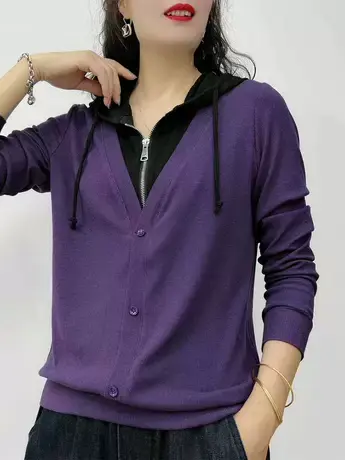 2023秋季新款气质洋气时尚休闲透气百搭假两件连帽半拉链长袖上衣商品大图