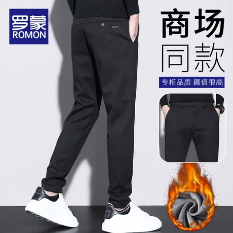 罗蒙毛呢加绒裤子男秋冬季直筒修身男裤2023新款加厚男士休闲长裤商品大图
