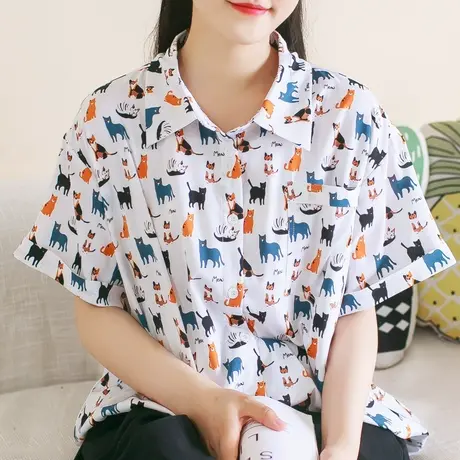 胖妹妹夏季2023新品雪纺印花短袖衬衫加大码微胖宽松显瘦俏皮衬衣商品大图