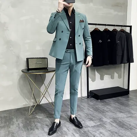 戗驳领西装男春季修身痞帅双排扣西服商务通勤主持人礼服三件套潮图片