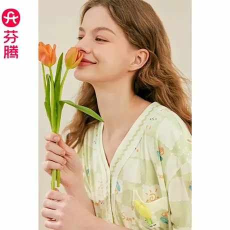 芬腾睡衣女夏季薄款短袖开衫V领套装女款宽松休闲大码凉感家居服图片