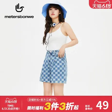 美特斯邦威牛仔短裤女夏季时尚复古潮流棋盘格短裤阔腿高腰下装图片