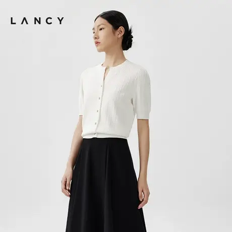 LANCY/朗姿2024春季新款休闲百搭短袖针织开衫女短款修身气质上衣图片