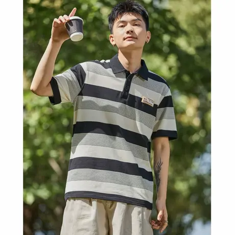 唐狮短袖polo衫夏季新款男士带翻领t恤有条纹黑色休闲上衣潮商品大图