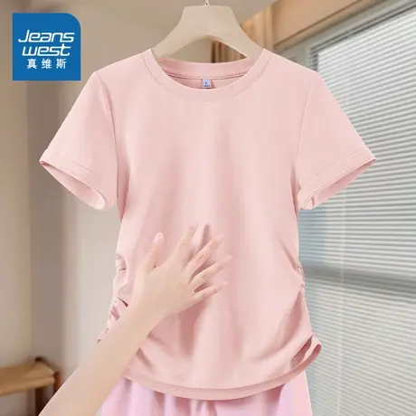 NOB真维斯粉色抽褶短袖t恤女2025新款夏季小个子修身正肩流行上衣商品大图