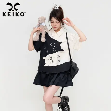 KEIKO 创意萌猫拼色衬衫女夏季小众设计洋气减龄娃娃衫韩版上衣潮图片