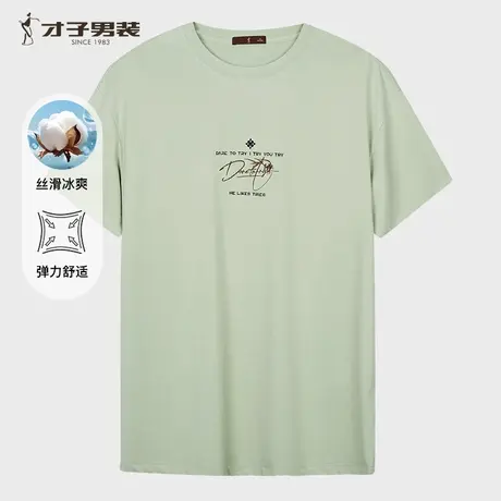 才子男装休闲短袖T恤男士2025夏季新款简约透气刺绣圆领半袖上衣商品大图