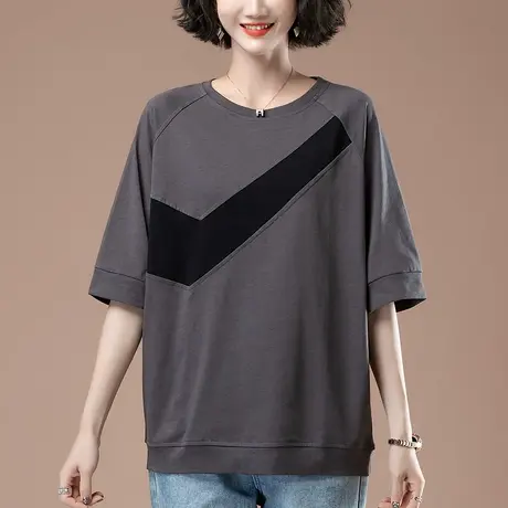 短袖t恤女夏季新款加肥加大码女装宽松中年胖妈妈撞色蝙蝠袖体恤商品大图
