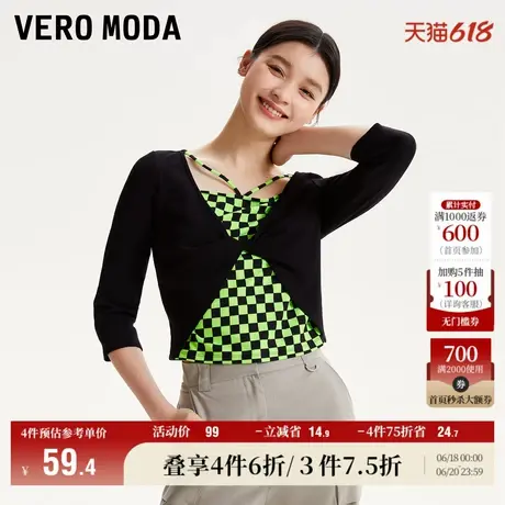 Vero Moda奥莱上衣女秋冬新款格纹印花拼接打结假两件T恤气质百搭商品大图