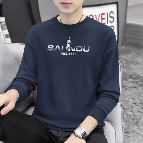 男士卫衣2023新款潮牌字母印花无帽上衣秋冬加绒加厚圆领长袖t恤商品大图