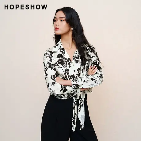 红袖outlets2024春季新款女装复古主题印花正肩不规则翻领短衬衫商品大图