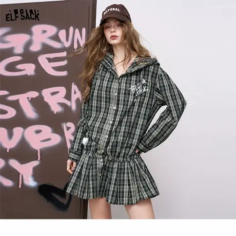 妖精的口袋字母刺绣涂鸦格纹连帽连衣裙女25早秋新款miu系学院风图片