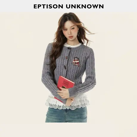 EPTISON毛衣外套女2025冬新款复古小狗刺绣短款灰色针织开衫上衣商品大图