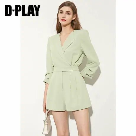 DPLAY德帕拉2022夏季新款休闲ol风绿色宽垫肩收腰西装修身连体裤图片