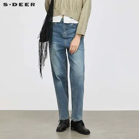 sdeer圣迪奥女装高腰插袋做旧铆钉直筒牛仔裤S24480806图片