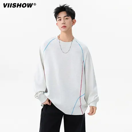 VIISHOW美式哈苏线长袖T恤男潮牌撞色痞帅上衣宽松休闲圆领卫衣商品大图