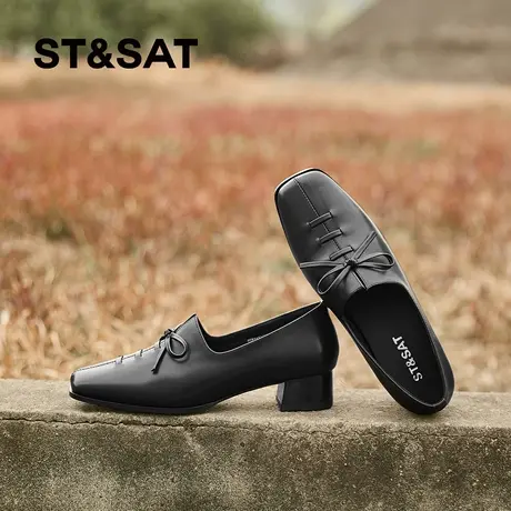 星期六蝴蝶结乐福鞋女新款英伦风黑色粗跟软底舒适豆豆鞋深口单鞋商品大图