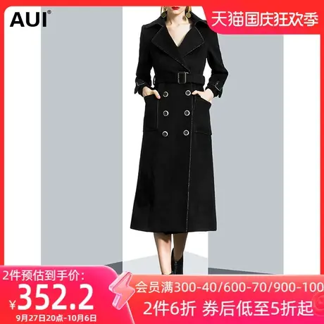 黑色双排扣中长款过膝毛呢外套女冬2023新款时尚收腰气质呢子大衣图片