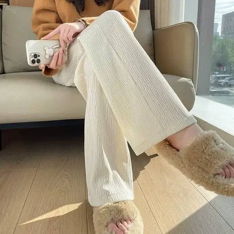 米白色雪尼尔阔腿裤女秋冬2023年新款高腰宽松显瘦加厚直筒休闲裤图片