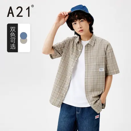 A21outlets男装宽松翻领短袖衬衣夏季款格纹衬衫休闲男士上衣潮牌图片