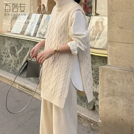 百洛安叠搭麻花开叉针织背心女秋冬新款时髦半高领宽松毛衣马甲潮商品大图